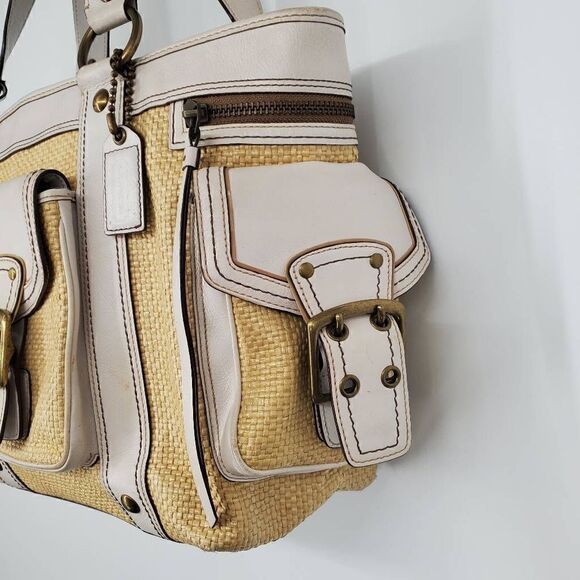 Coach Legacy Natural Woven Straw White Shoulder Handbag Purse Large - Picture 2 of 5